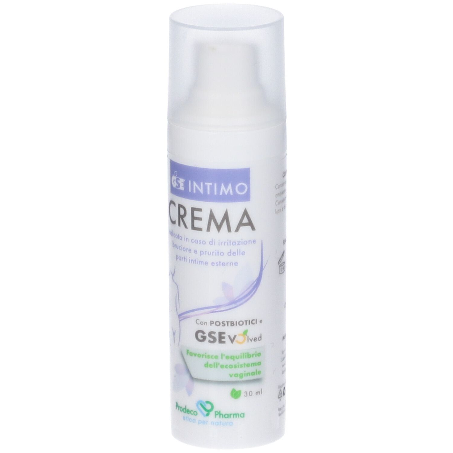 Weißes Fläschchen mit Creme. Aufschrift: Intimo Crema. Mit Dosierpumpe und transparenter Kappe. 30 ml.
