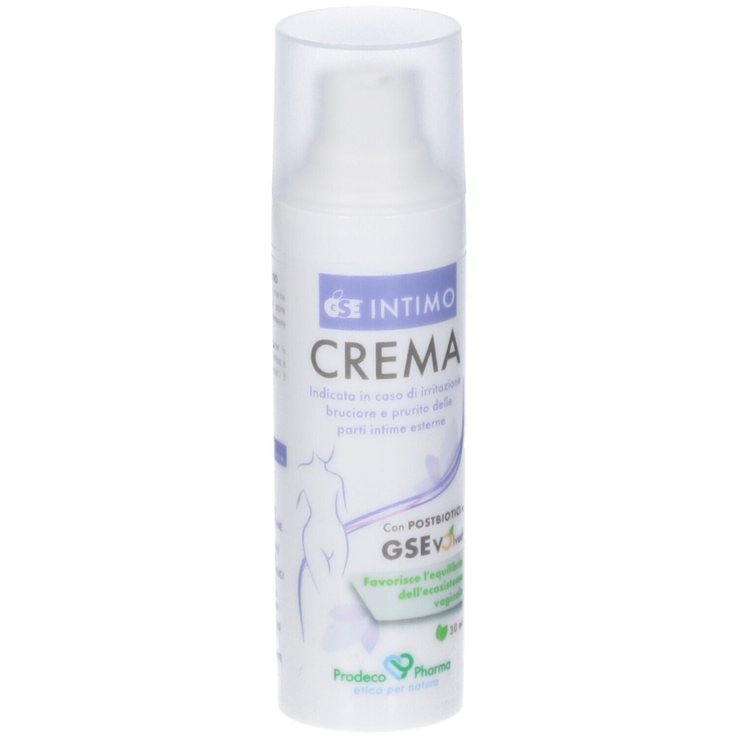 Weißes Fläschchen mit Creme. Aufschrift: Intimo Crema. Mit Dosierpumpe und transparenter Kappe. 30 ml.