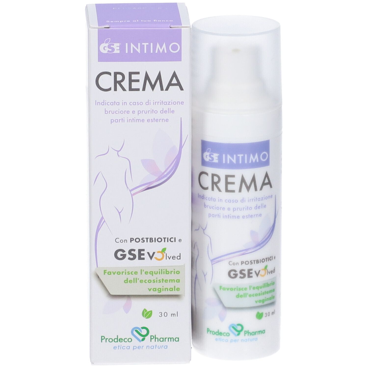 Produktverpackung mit Flasche. Aufschrift: Intimo Crema. Flasche mit Dosierpumpe. 30 ml. Mit Karton.