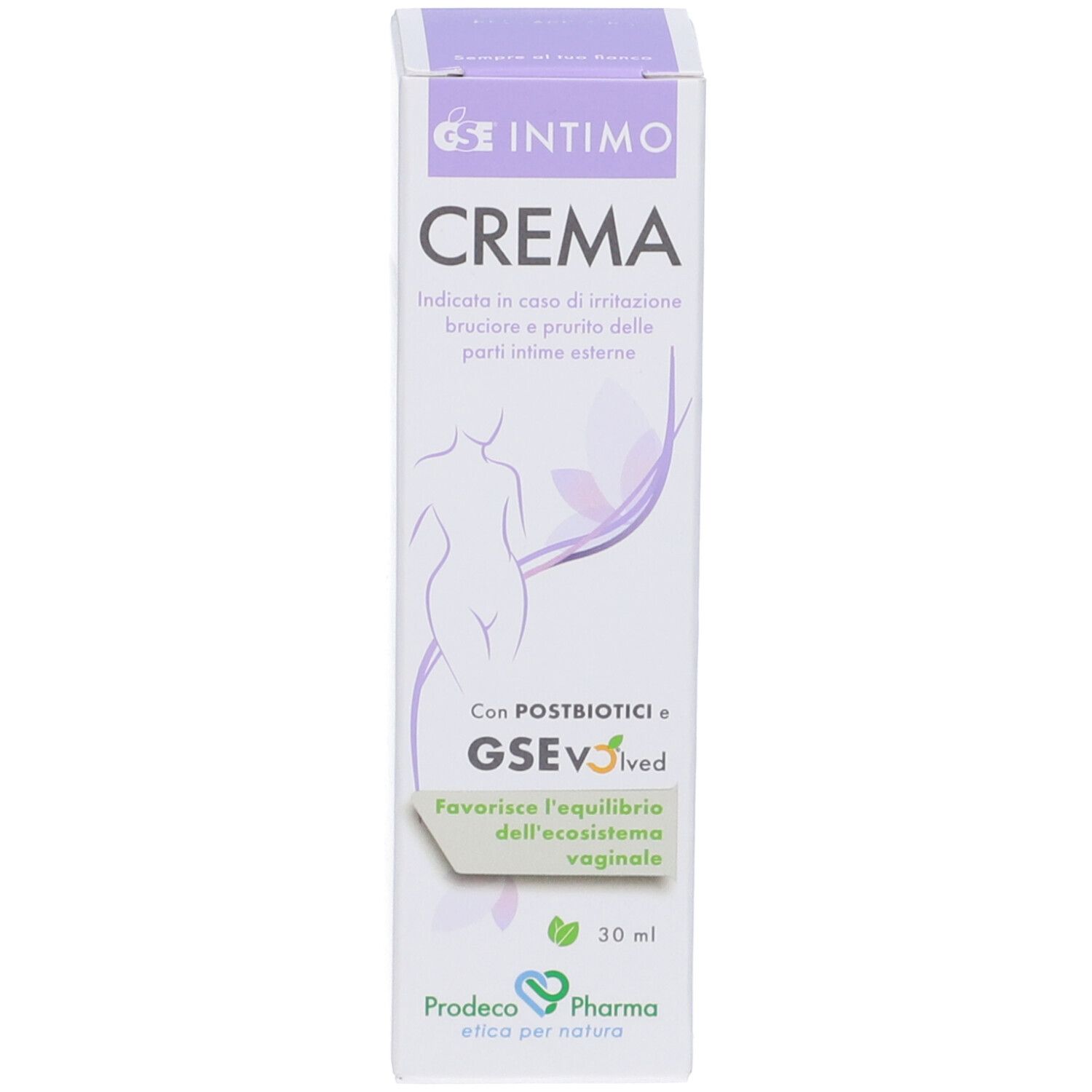 Produktverpackung. Aufschrift: Intimo Crema. Mit Abbildung. 30 ml. Mit Karton.