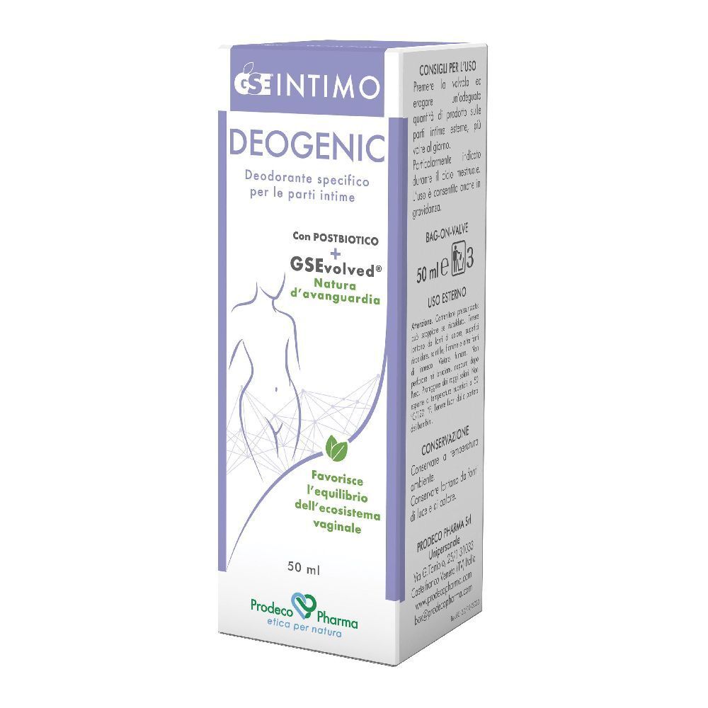 Confezione con nome e logo del prodotto. Testo: Deogenic, per parti intime. 50 ml. Illustrazione di una donna.