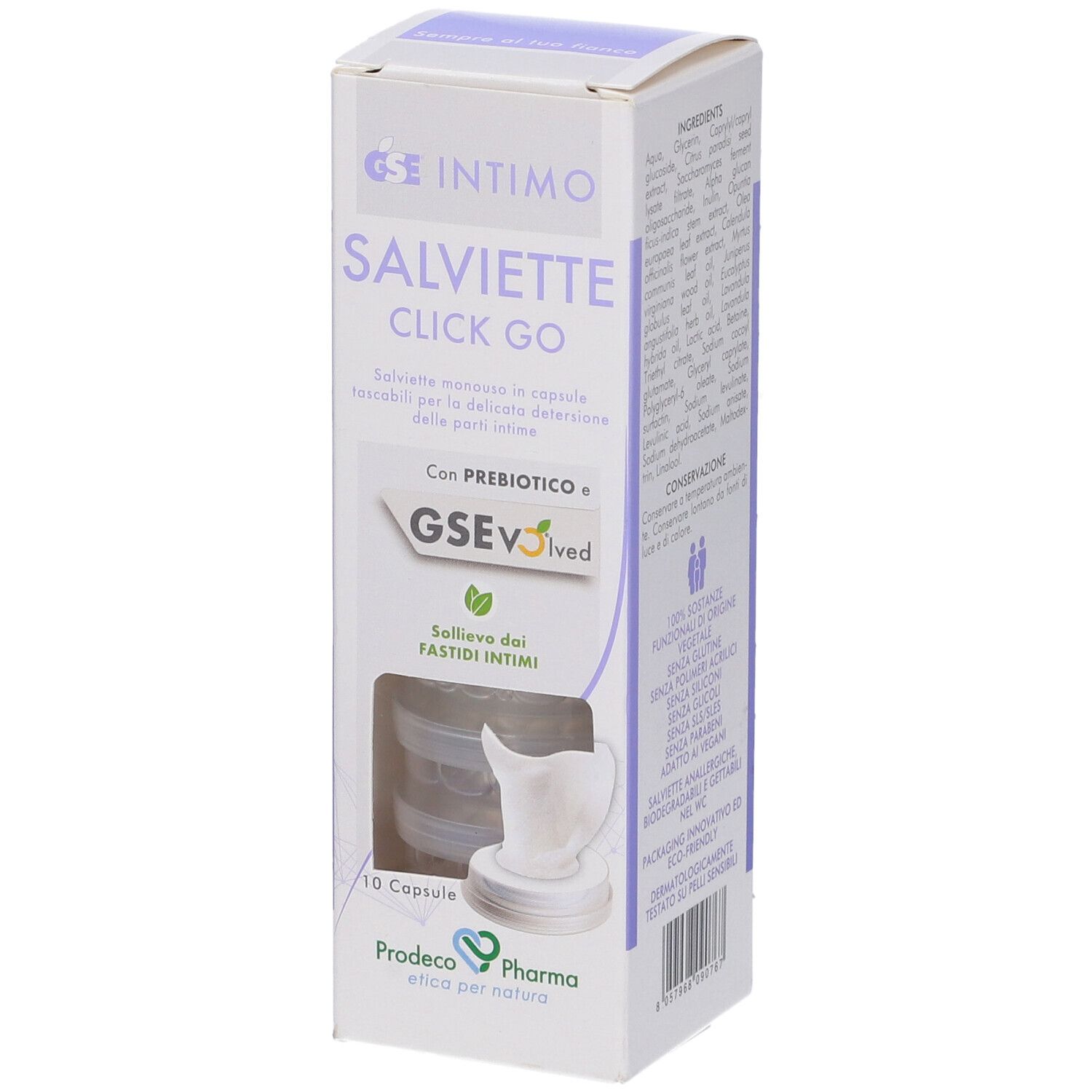 Confezione con nome e logo del prodotto. Mostra una capsula trasparente con salviette.