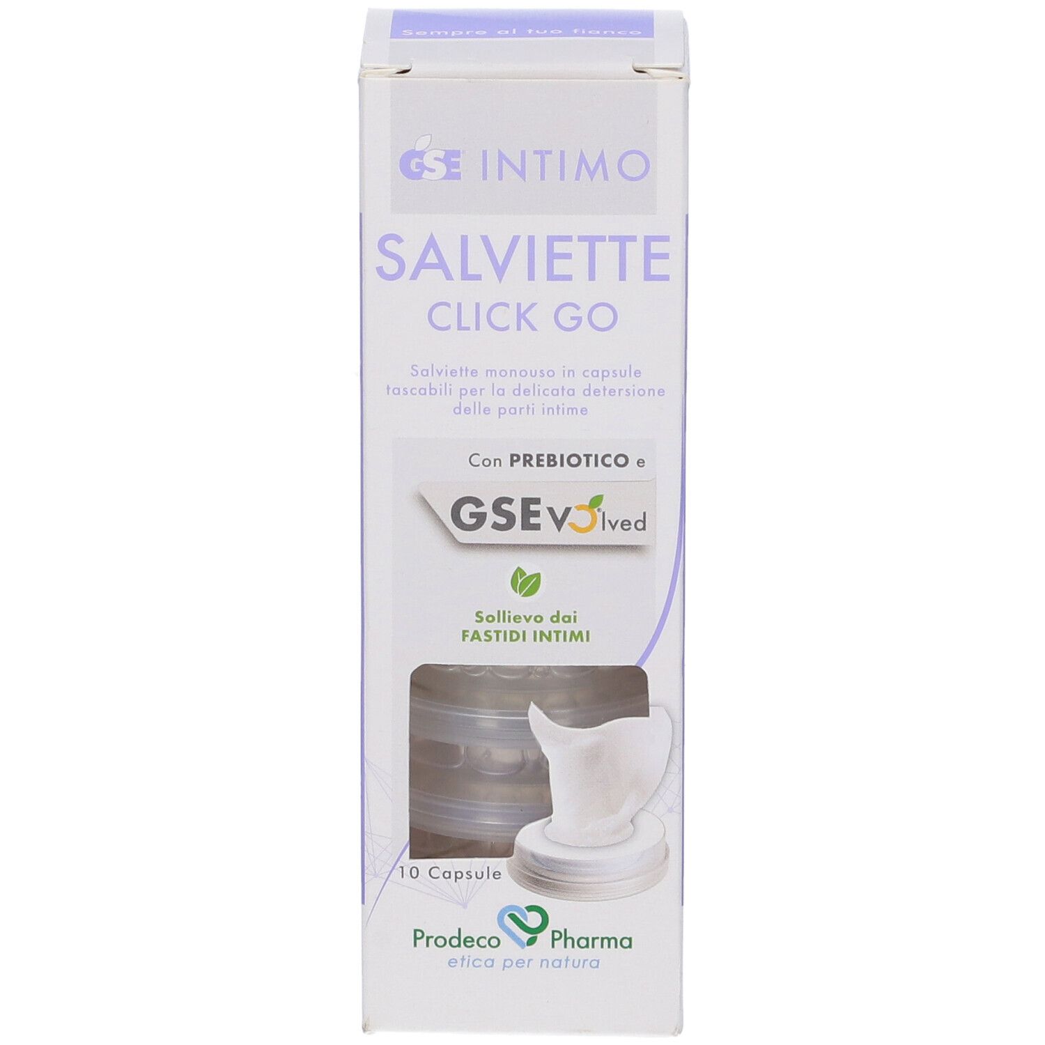 Confezione con nome e logo del prodotto. Mostra una capsula trasparente con salviette.