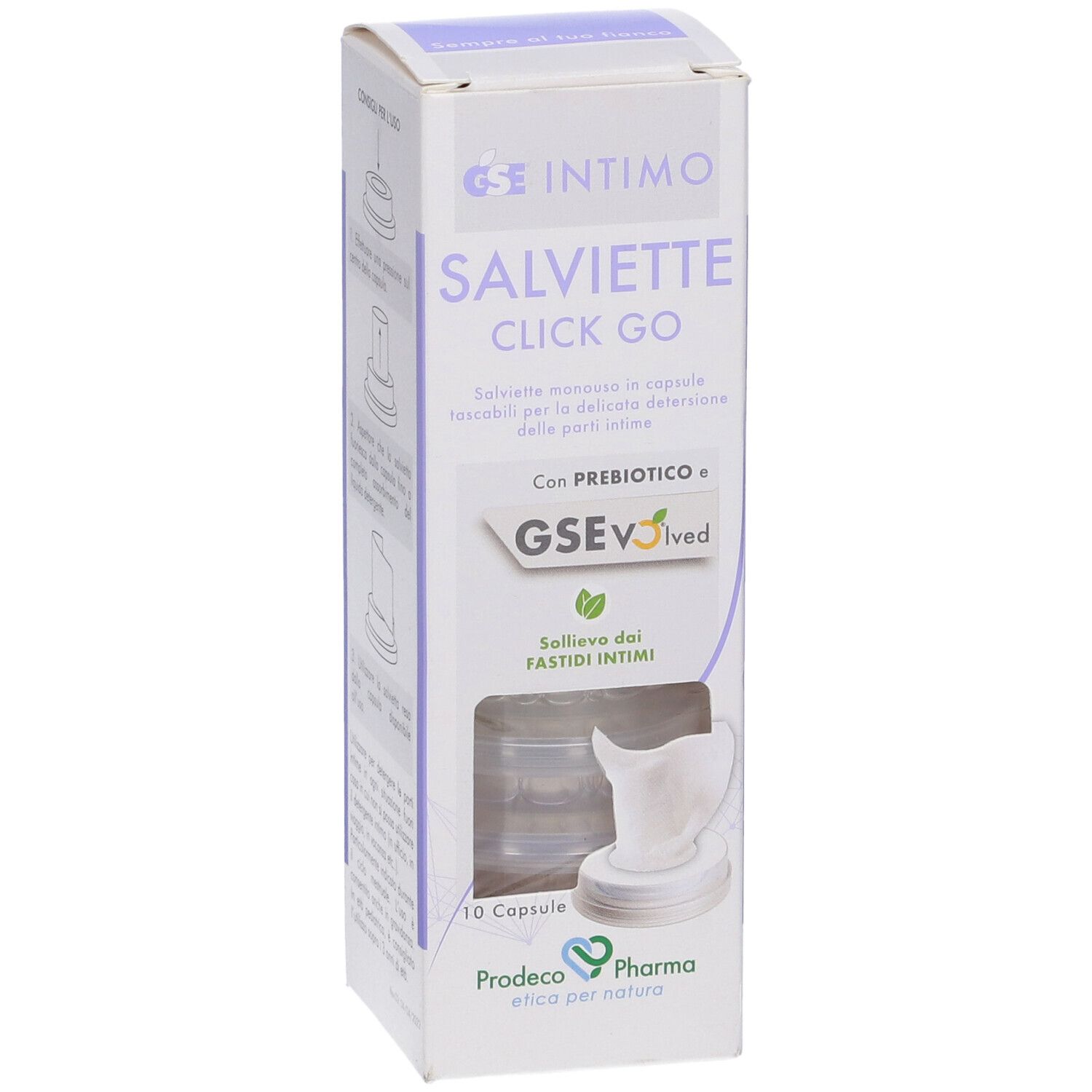 Confezione con nome e logo del prodotto. Mostra una capsula trasparente con salviette.
