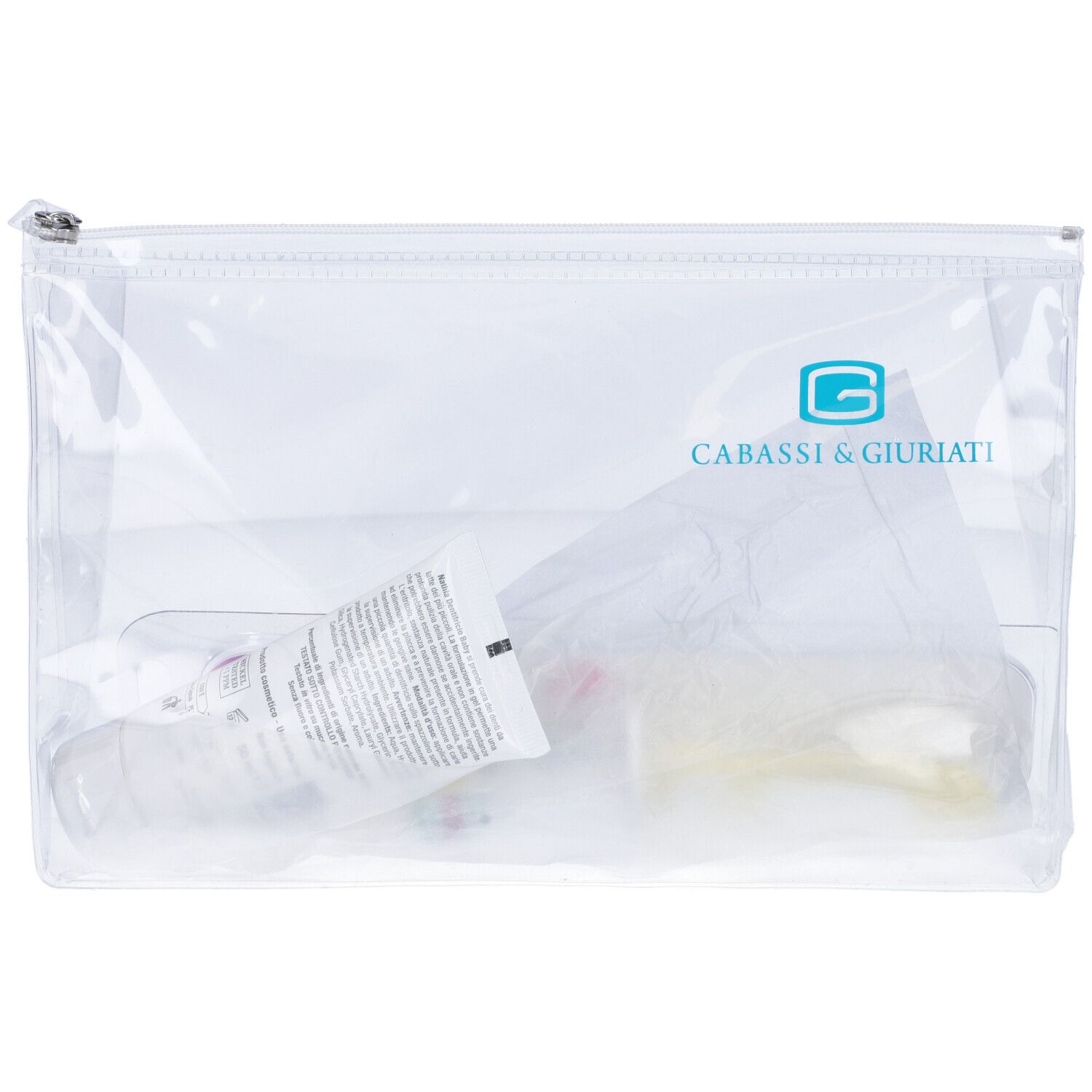 Borsa trasparente con zip. Contiene dentifricio e altri prodotti. Logo: CABASSI & GIURIATI.