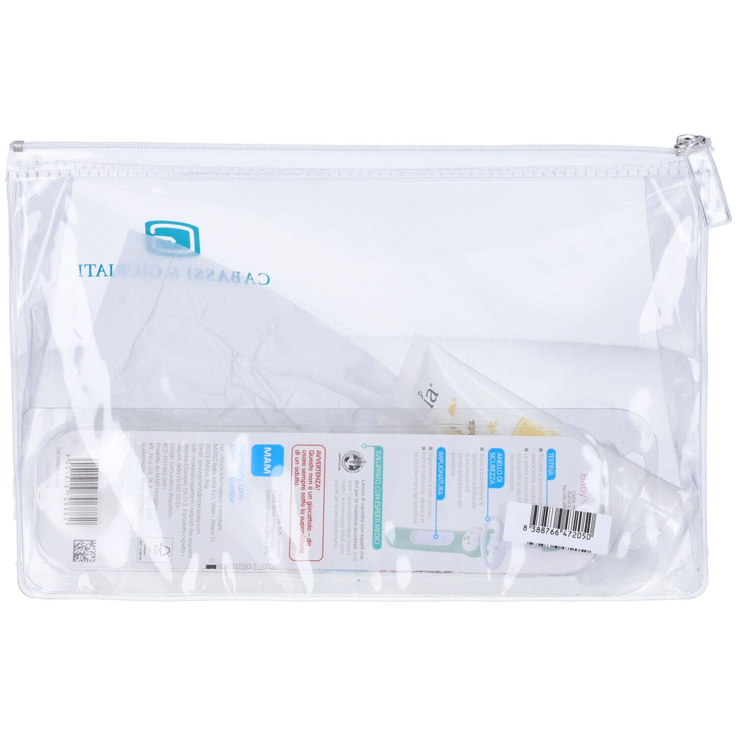 Borsa trasparente con zip. Contiene spazzolino e altri prodotti. Logo: CABASSI & GIURIATI.