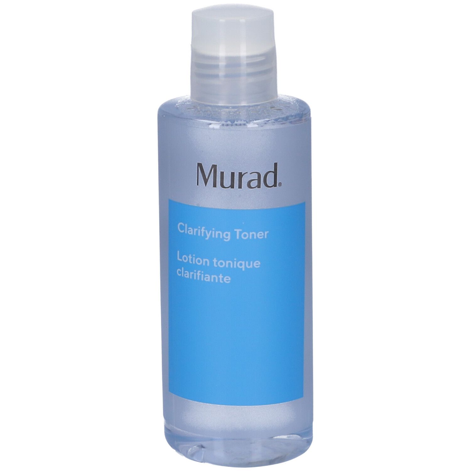 Flasche mit weißem Deckel. Auf blauem Etikett: Murad Clarifying Toner. Schwarzer Schriftzug.