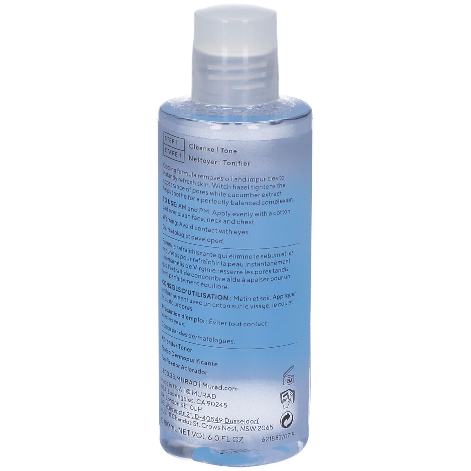 Flasche mit weißem Deckel. Auf blauem Etikett: Murad Clarifying Toner. Schwarzer Schriftzug.