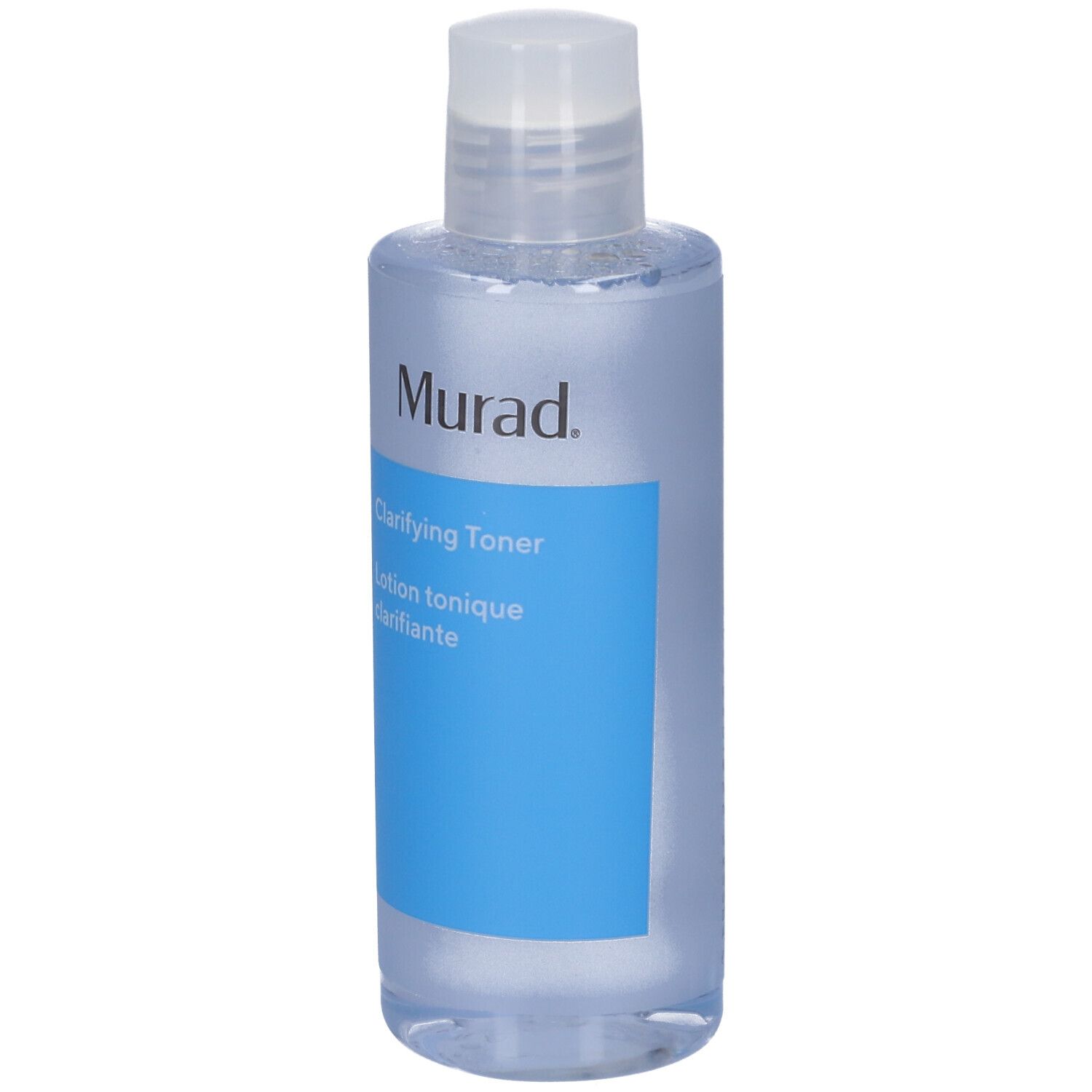 Flasche mit weißem Deckel. Auf blauem Etikett: Murad Clarifying Toner. Schwarzer Schriftzug.