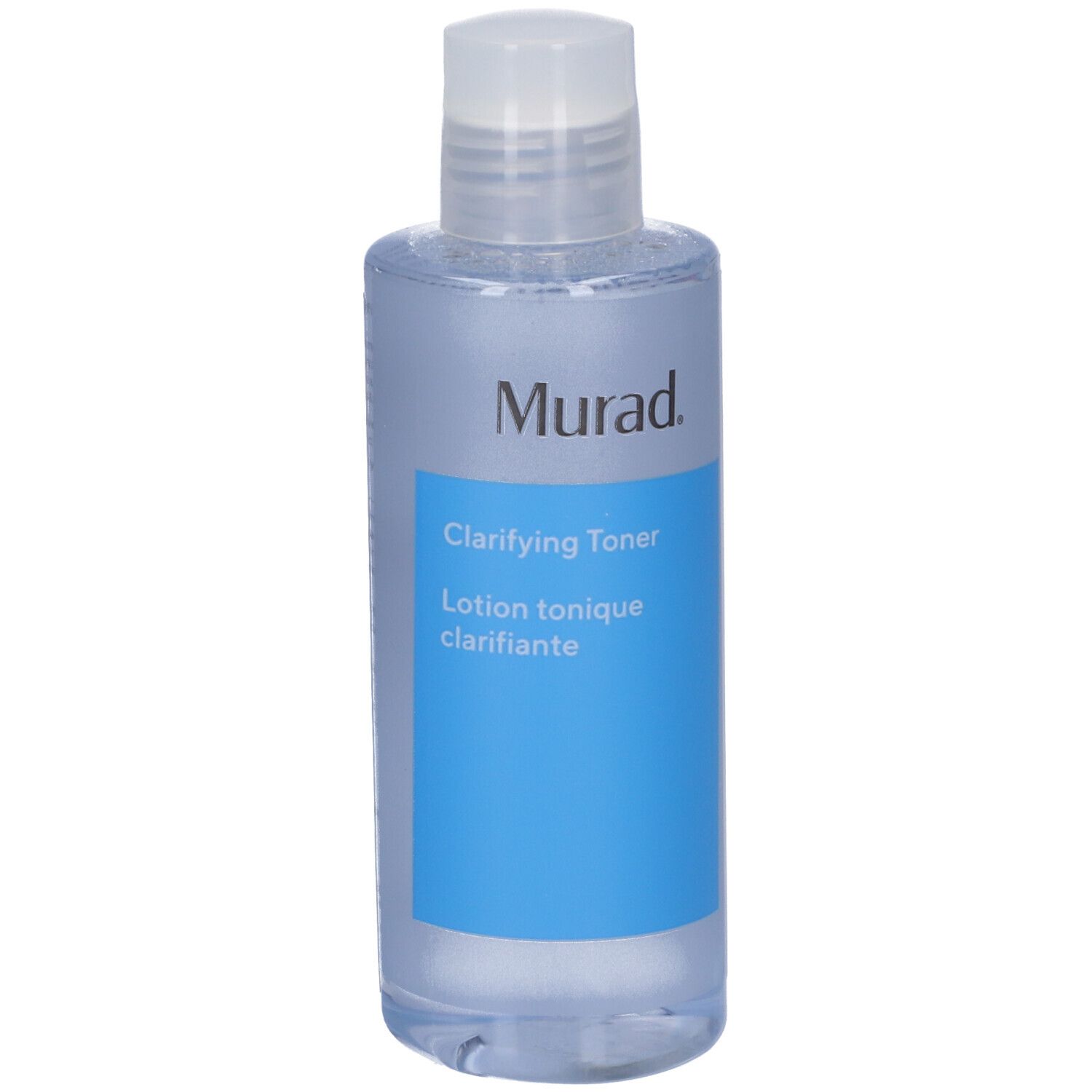 Flasche mit weißem Deckel. Auf blauem Etikett: Murad Clarifying Toner. Schwarzer Schriftzug.