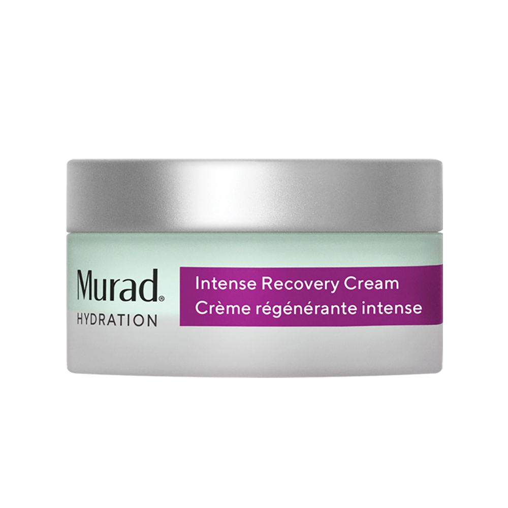 Vaso di crema con coperchio argentato e vetro verde. Scritta: Murad, Hydration. Etichetta: Intense Recovery Cream, Crème régénérante intense.