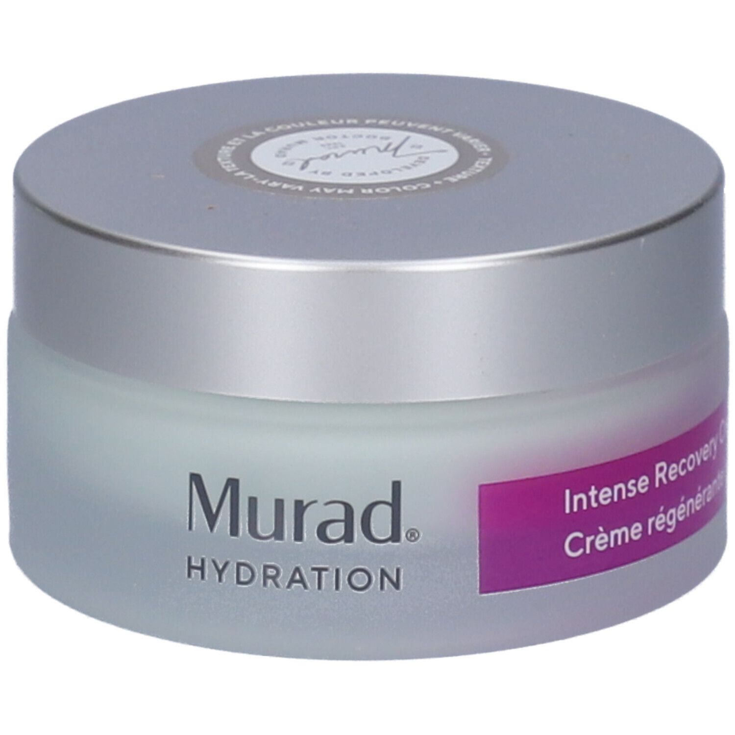 Vaso di crema con coperchio argentato. Scritta: Murad, Hydration. Etichetta: Intense Recovery Cream, Crème régénérante intense.