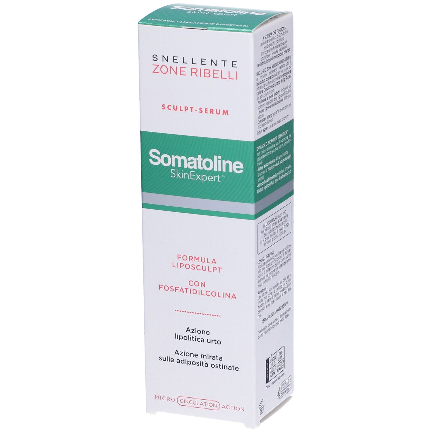 Weiße Verpackung mit Produkt. Aufschrift: Somatoline SkinExpert, SLIMMING CRITICAL AREAS, Sculpt-Serum. Text auf der Rückseite.