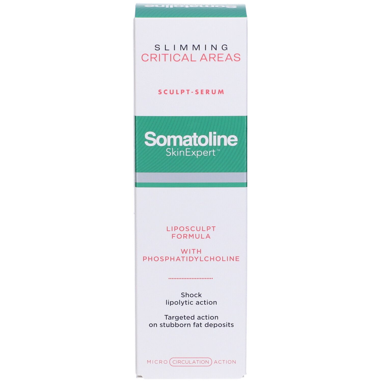 Schlanke, weiße Verpackung mit Produkt. Aufschrift: Somatoline SkinExpert, SLIMMING CRITICAL AREAS, Sculpt-Serum. Grüne Akzente.