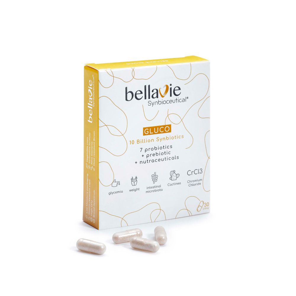 Doosje BellaVie GLUCO capsules. Opschrift: 10 miljard synbiotica, 7 probiotica, prebiotica, nutraceuticals. Enkele capsules ernaast.