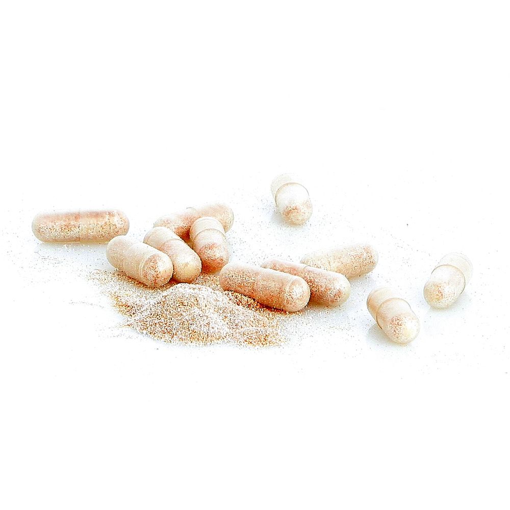 Verschillende capsules en poeder op witte achtergrond. Capsules beige en langwerpig. Poeder lichtbruin.