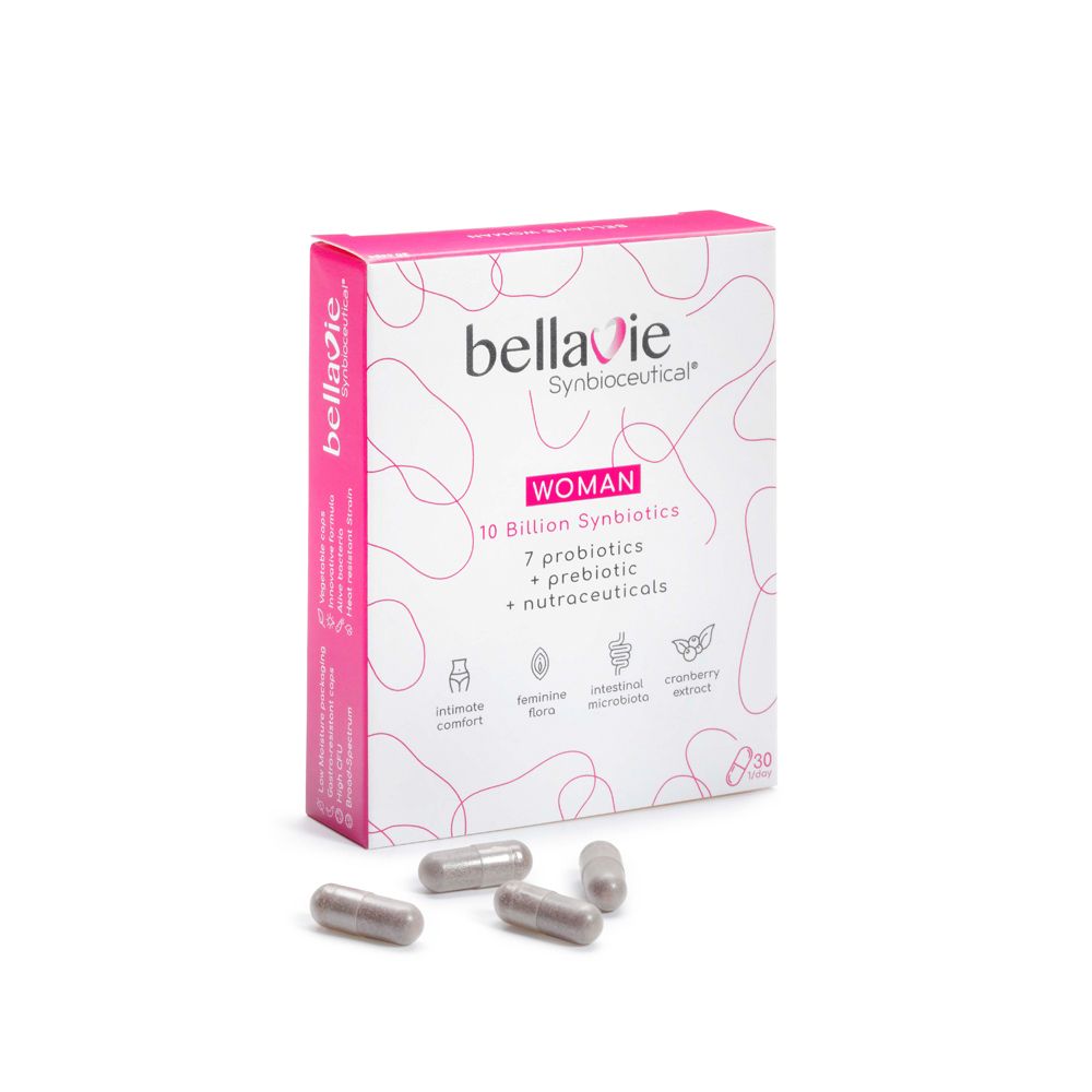 Roze doos "BellaVie WOMAN" en capsules. Bevat 10 miljard synbiotica, 7 probiotica, prebiotica en nutraceuticals. 30 capsules.