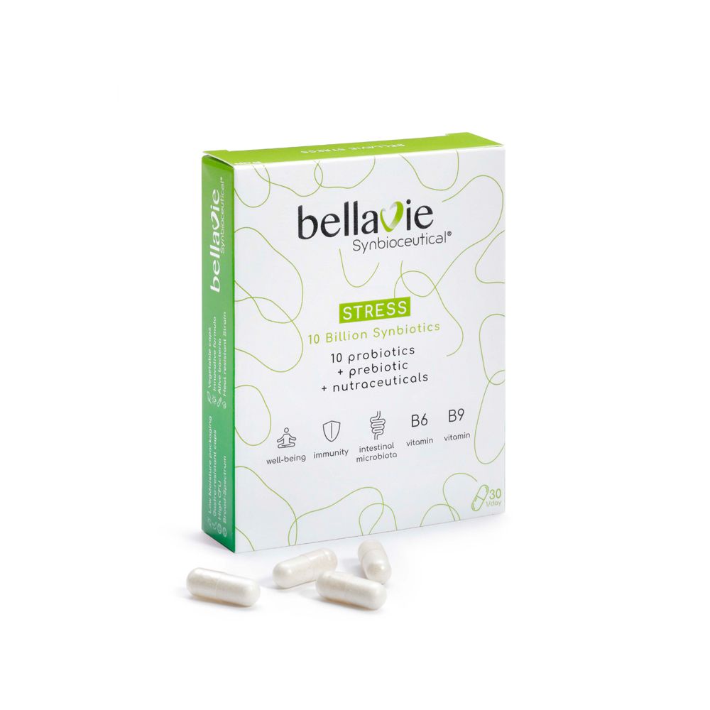 Groene verpakking van BellaVie STRESS. Bevat capsules. Opschrift: 10 miljard synbiotica, prebiotica, nutraceuticals.