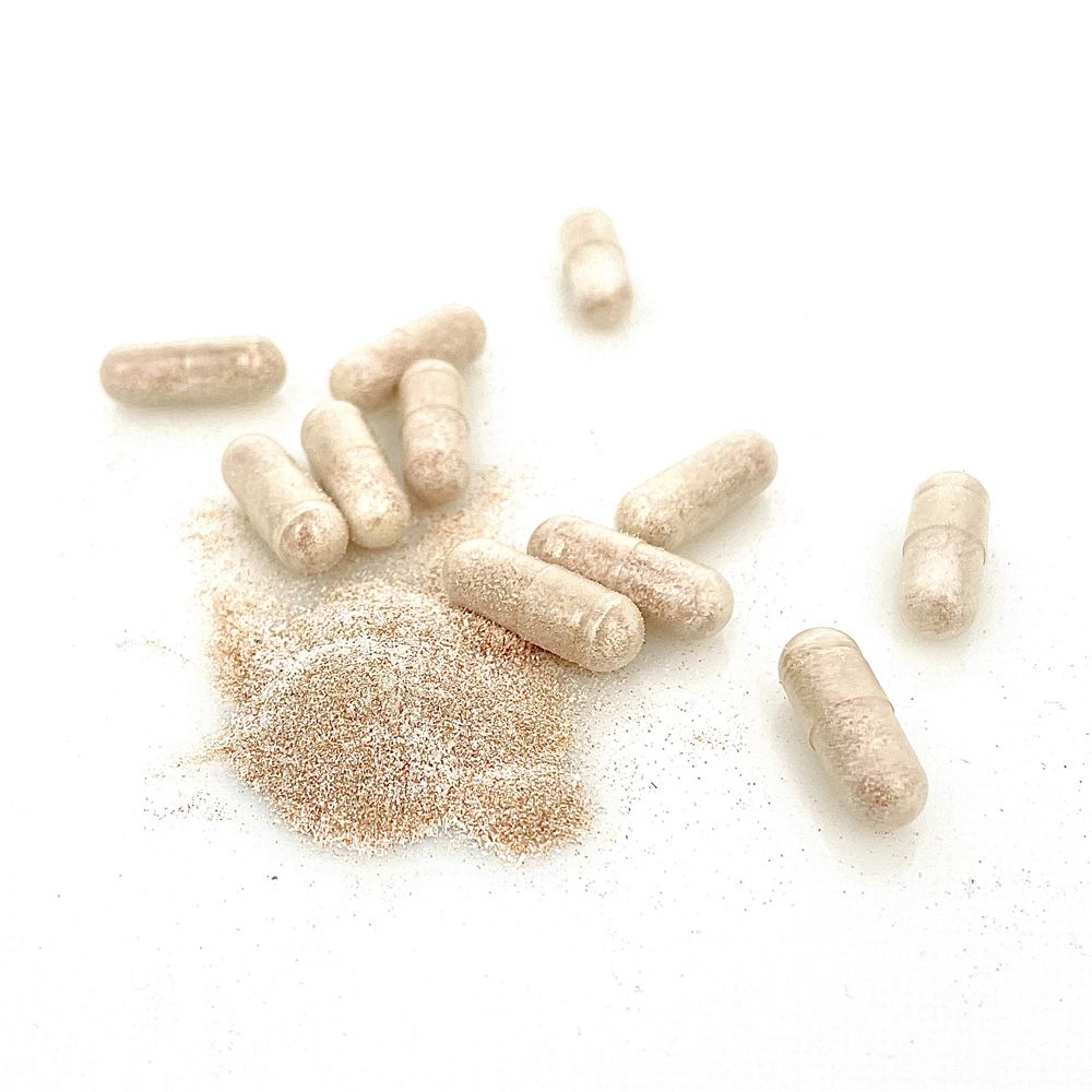Verschillende capsules en poeder op witte achtergrond. Capsules lichtbruin.