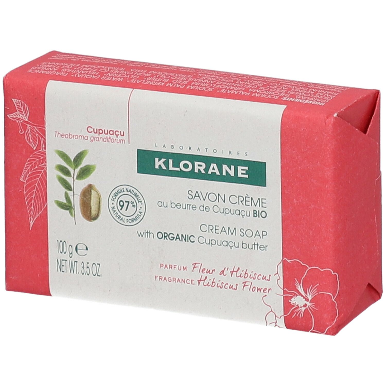 Sapone Klorane in confezione. Testo: Cupuaçu, Savon Crème, 100g, Fiore d'Ibisco.