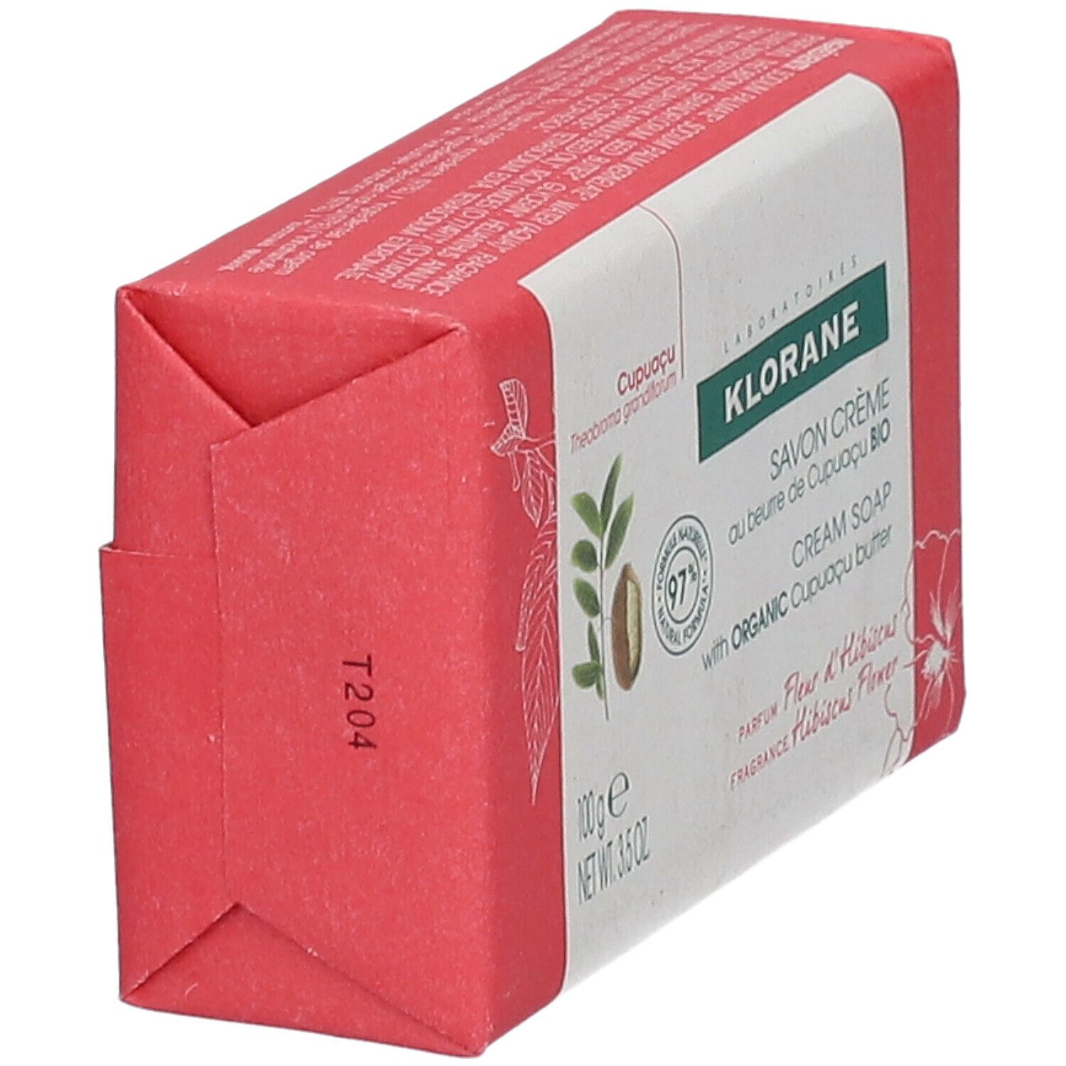 Confezione sapone Klorane. Testo: Cupuaçu, Savon Crème, 100g, Fiore d'Ibisco.
