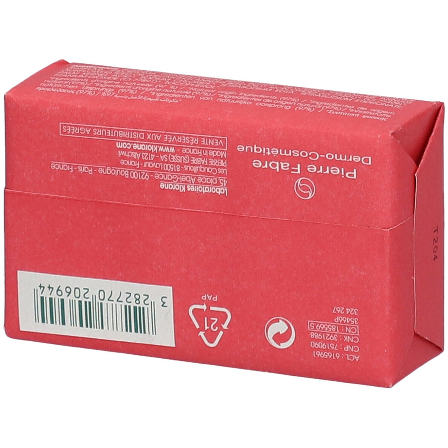 Retro della confezione del sapone Klorane. Testo: Pierre Fabre, 3 282770 206944.