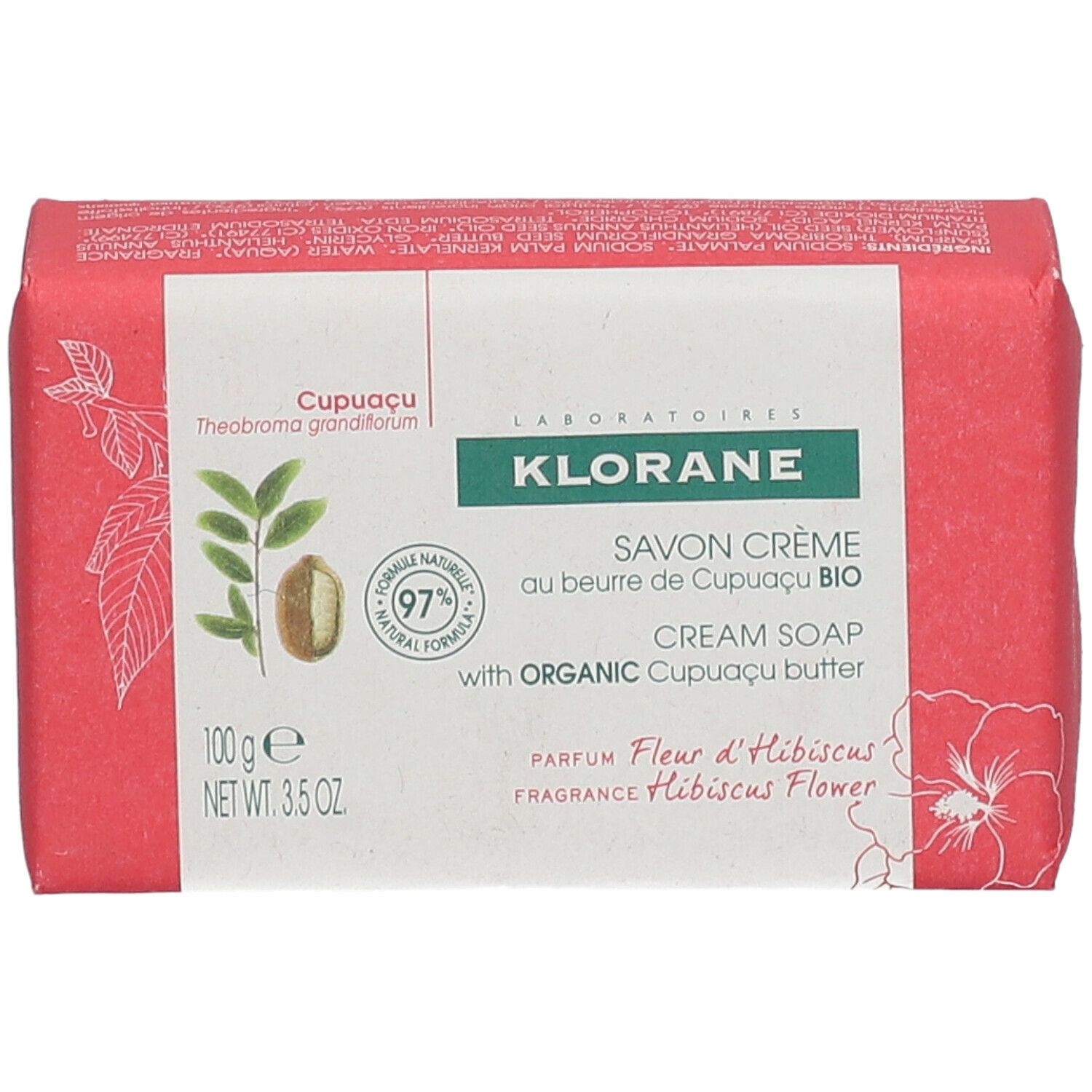 Sapone Klorane in confezione. Testo: Cupuaçu, Savon Crème, 100g, Fiore d'Ibisco.