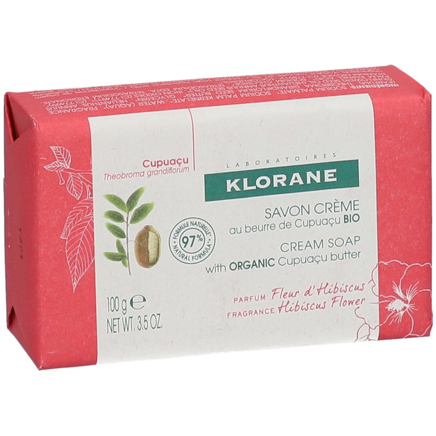 Sapone Klorane in confezione. Testo: Cupuaçu, Savon Crème, 100g, Fiore d'Ibisco.