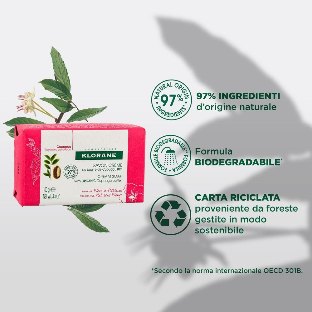Confezione con sapone Klorane. Testo: 97% ingredienti naturali. Biodegradabile.