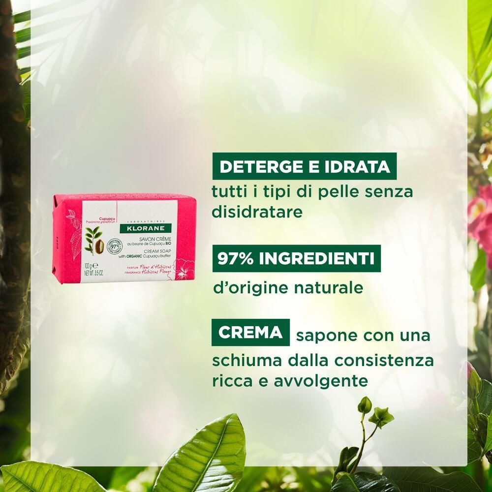 Sapone Klorane in confezione. Testo: Deterge e idrata. 97% ingredienti naturali.