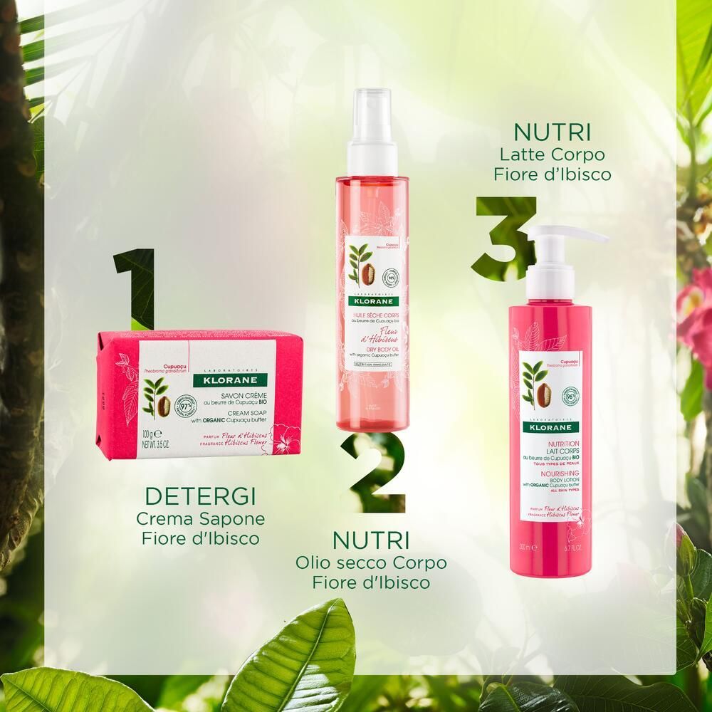 Tre prodotti Klorane: sapone, spray corpo e lozione. Testo: Detergi, Nutri.