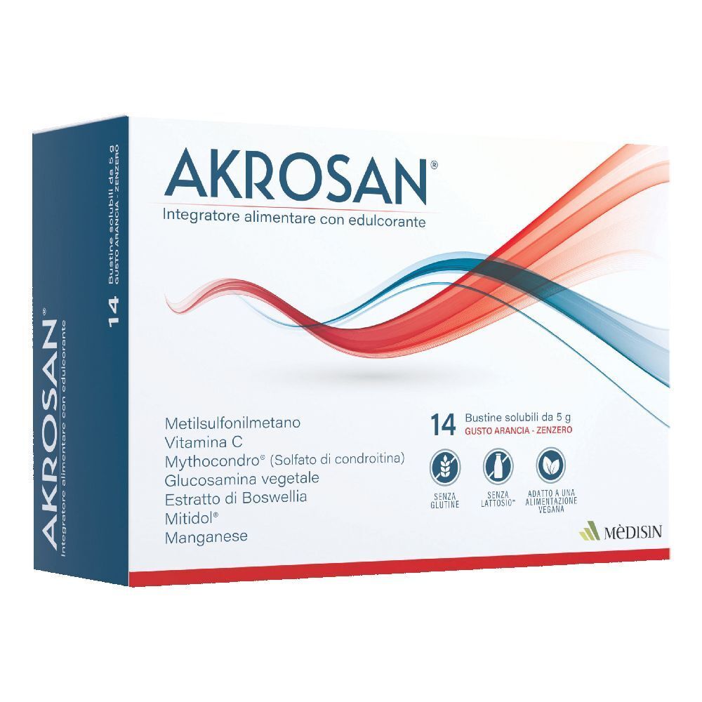 Scatola di integratore alimentare "AKROSAN". Contiene 14 bustine. Scritte: "senza glutine", "senza lattosio", "vegano".
