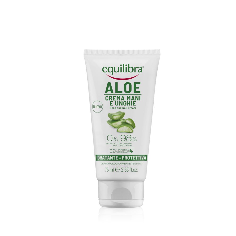 Tubo bianco con scritta verde: Equilibra Aloe crema mani e unghie. Indicazioni 0% e 98%.
