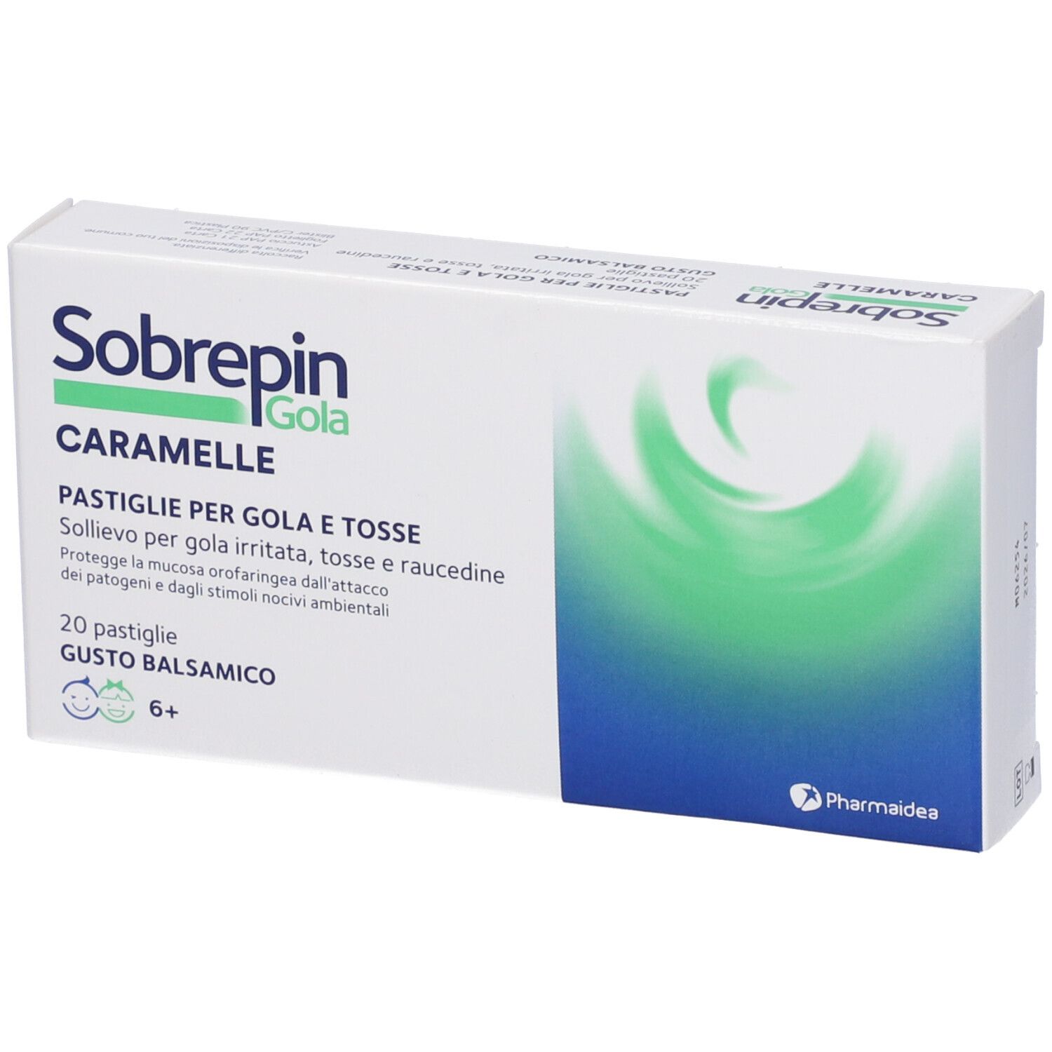 Scatola di pastiglie. Scritto: Sobrepin Gola Caramelle. 20 pastiglie, gusto balsamico. Da 6 anni. Logo Pharmaide.