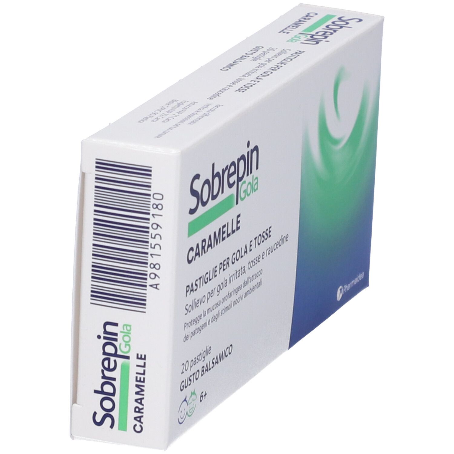 Scatola di pastiglie. Scritto: Sobrepin Gola Caramelle. Codice a barre e informazioni sul prodotto sul lato.