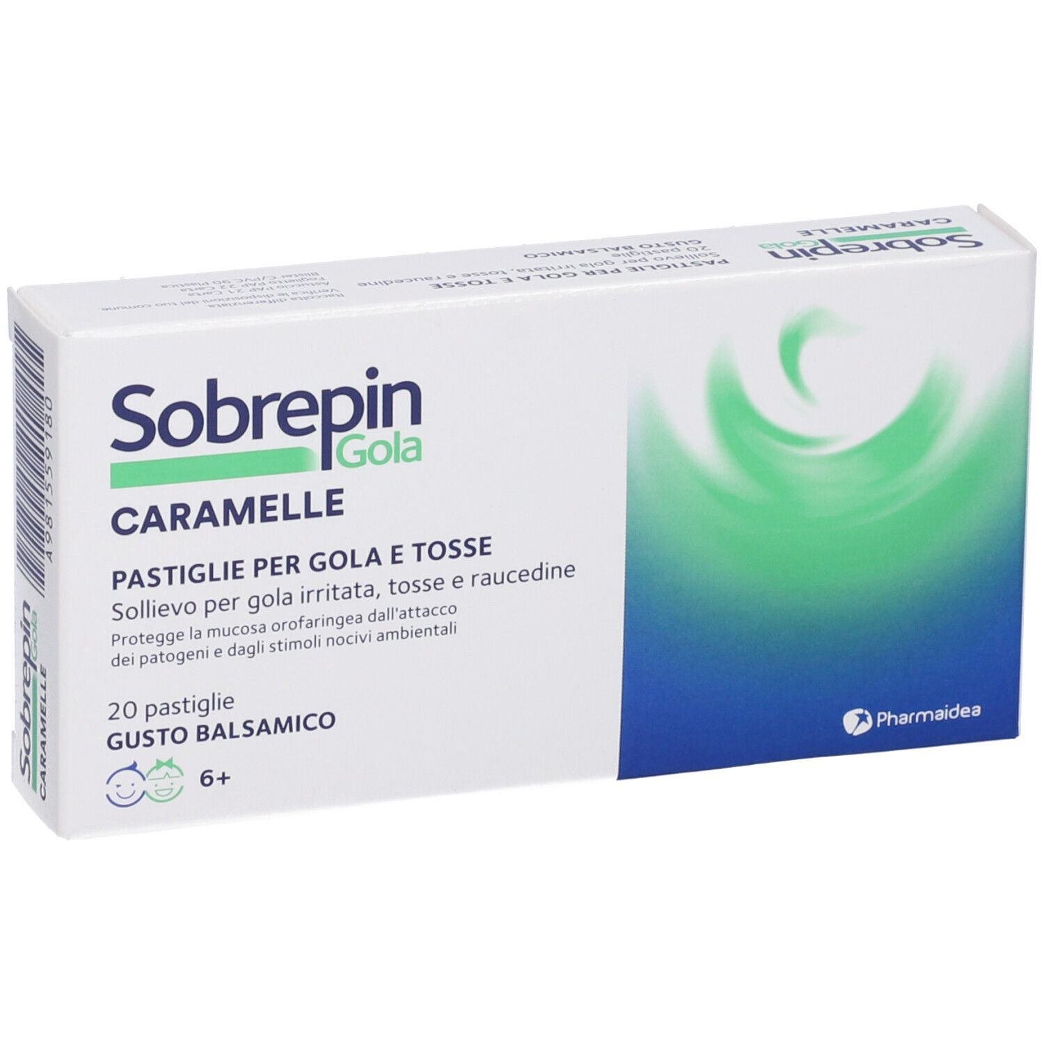 Scatola di pastiglie. Scritto: Sobrepin Gola Caramelle. 20 pastiglie, gusto balsamico. Da 6 anni. Logo Pharmaide.