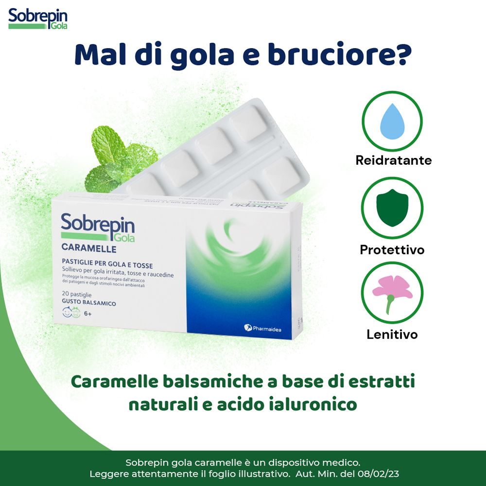 Immagine pubblicitaria con prodotto e icone. Prodotto: Sobrepin Gola Caramelle. Icone: idratante, protettivo, lenitivo. Testo: estratti naturali.