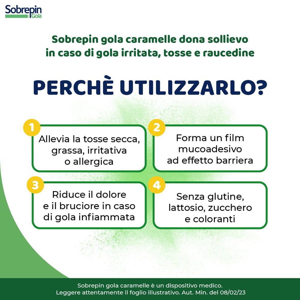 Infografica con prodotto. Prodotto: Sobrepin Gola Caramelle. 4 vantaggi: allevia la tosse, forma un film protettivo, riduce il dolore, senza glutine.