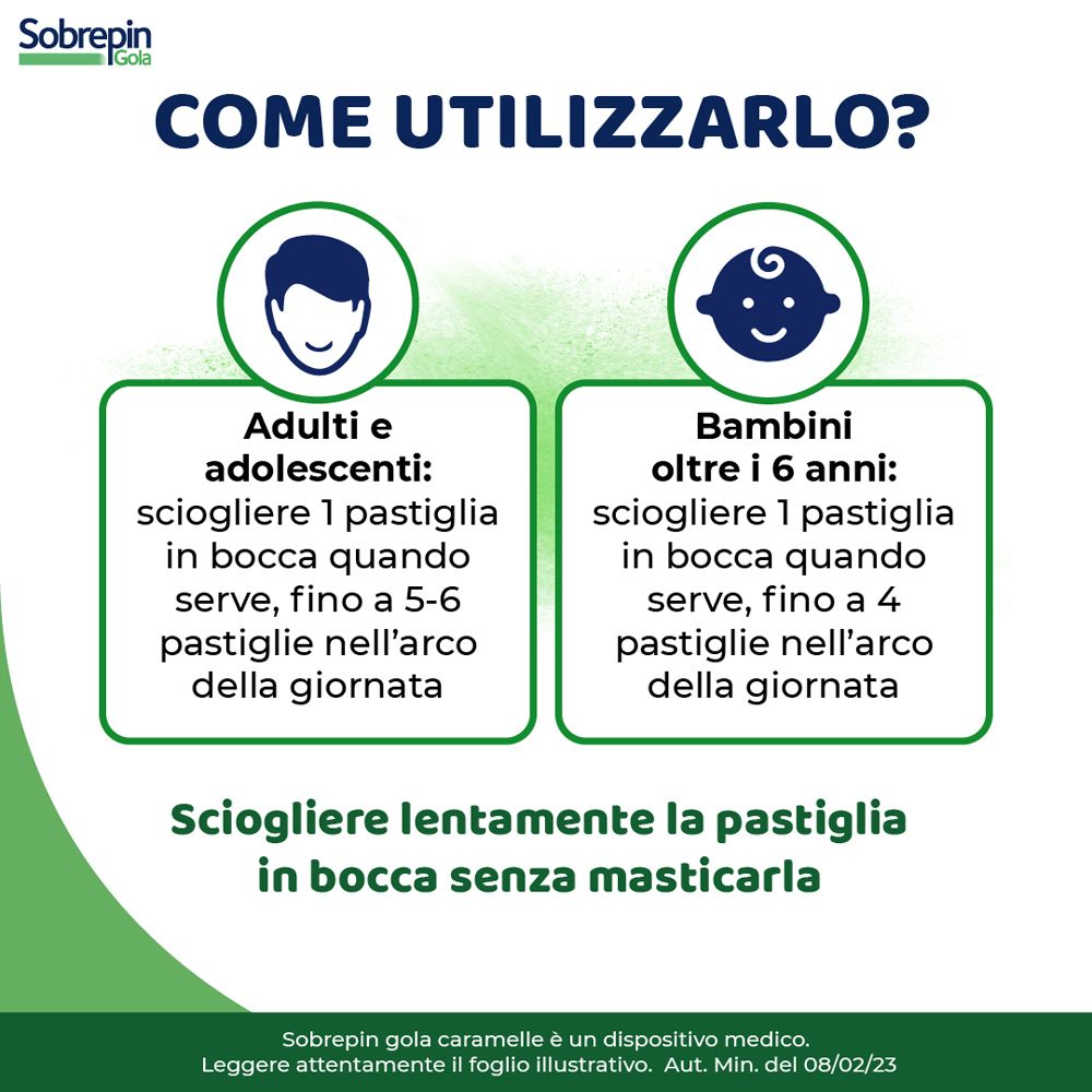 Infografica sull'uso. Adulti: 1 pastiglia, fino a 5-6 al giorno. Bambini dai 6 anni: 1 pastiglia, fino a 4 al giorno.