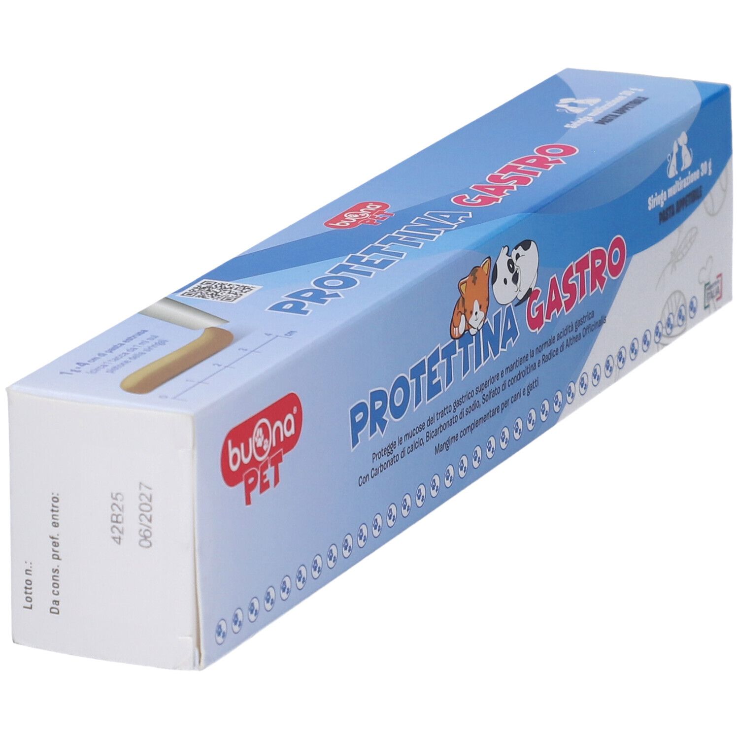 Verpackung für Buona Pet Prottetina Gastro, eine Paste für Hunde und Katzen.