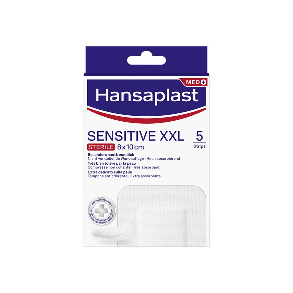 Confezione di cerotti Hansaplast Sensitive XXL. 5 cerotti sterili, 8x10cm. Delicati sulla pelle, assorbenti.
