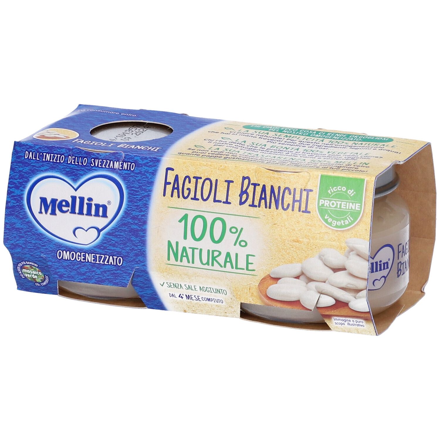Confezione da due vasetti Mellin Omog Fagioli Bianchi. Scritta: 100% naturale, ricco di proteine vegetali. Confezione blu e gialla.