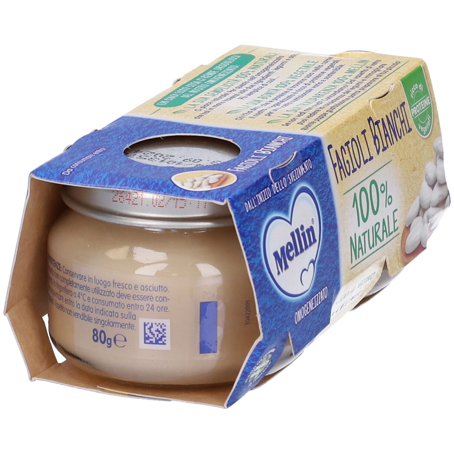 Vasetto di Mellin Omog Fagioli Bianchi in confezione aperta. Scritta: 100% naturale. Etichetta con 80g. Confezione blu e gialla.