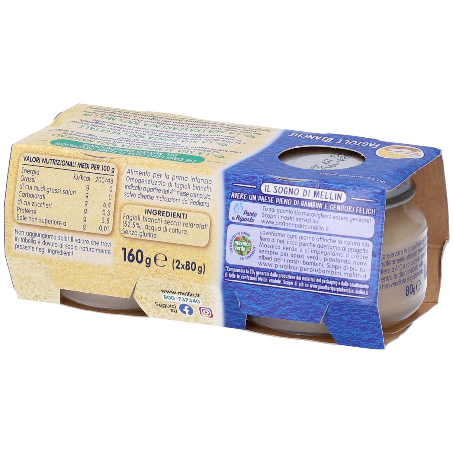 Retro della confezione con informazioni nutrizionali e testo. Due vasetti Mellin Omog Fagioli Bianchi. Peso totale 160g (2x80g).