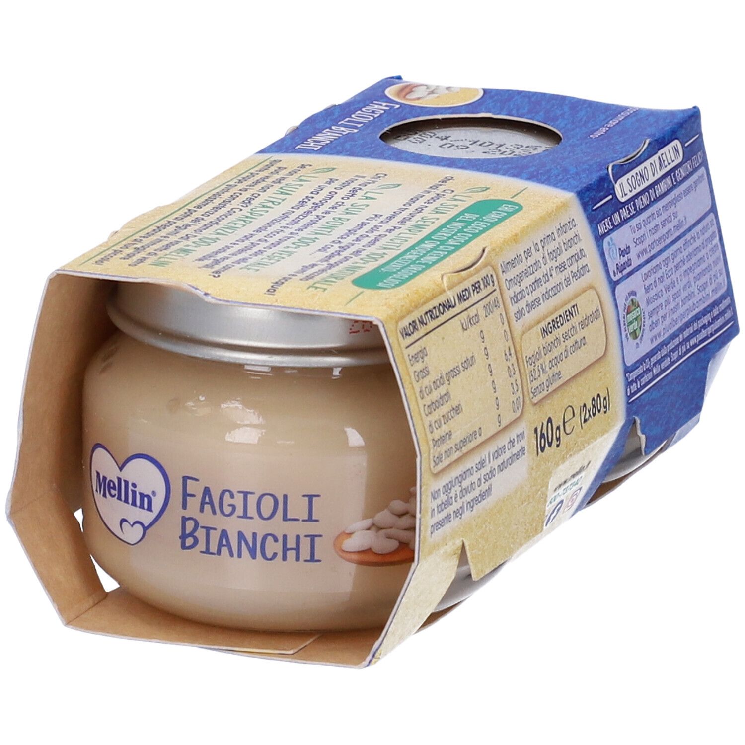 Vasetto Mellin Omog Fagioli Bianchi in confezione aperta. Scritta: Fagioli Bianchi. Informazioni nutrizionali. Peso totale 160g (2x80g).