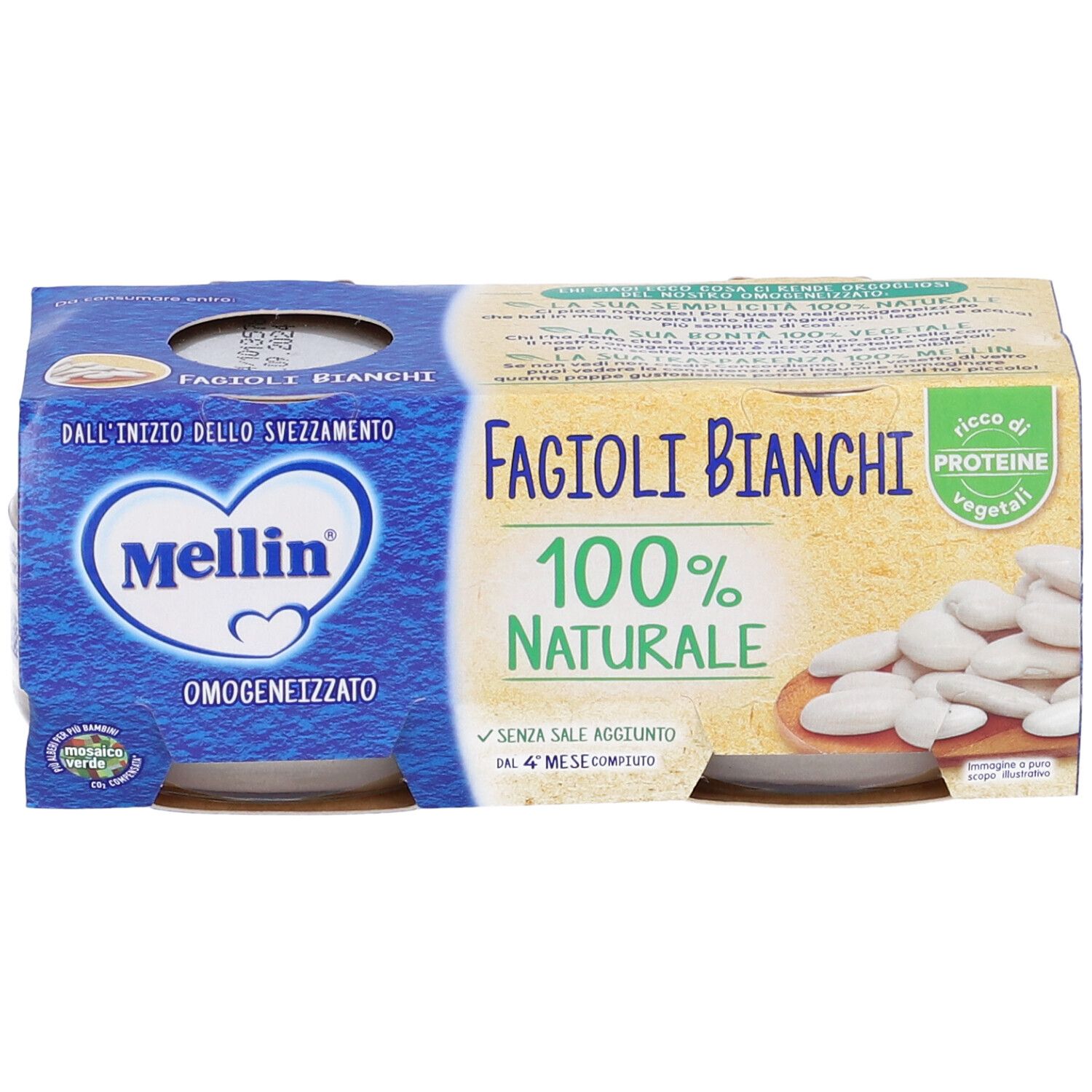 Confezione da due vasetti Mellin Omog Fagioli Bianchi. Scritta: 100% naturale, ricco di proteine vegetali. Confezione blu e gialla.