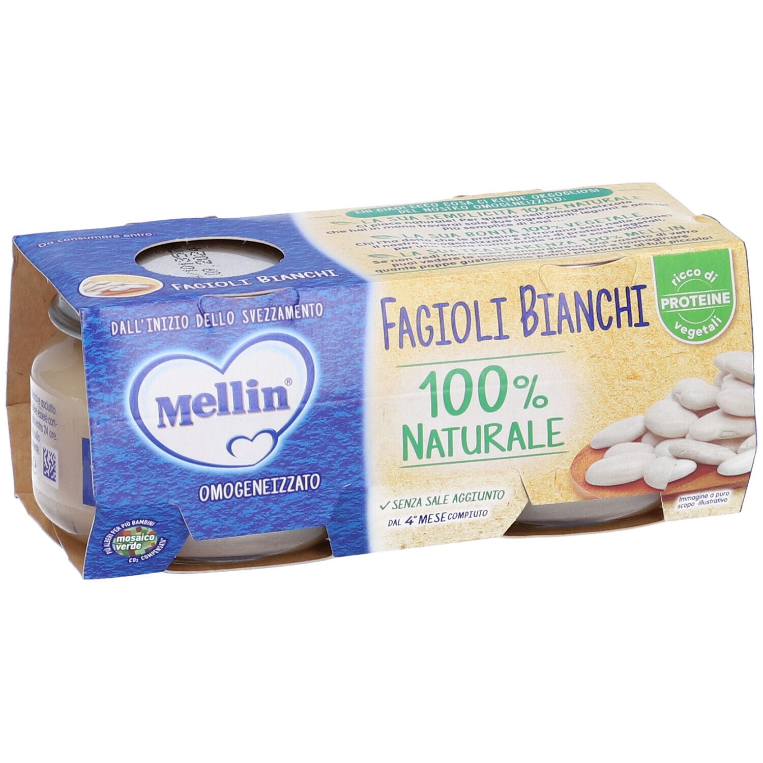 Confezione da due vasetti Mellin Omog Fagioli Bianchi. Scritta: 100% naturale, ricco di proteine vegetali. Confezione blu e gialla.