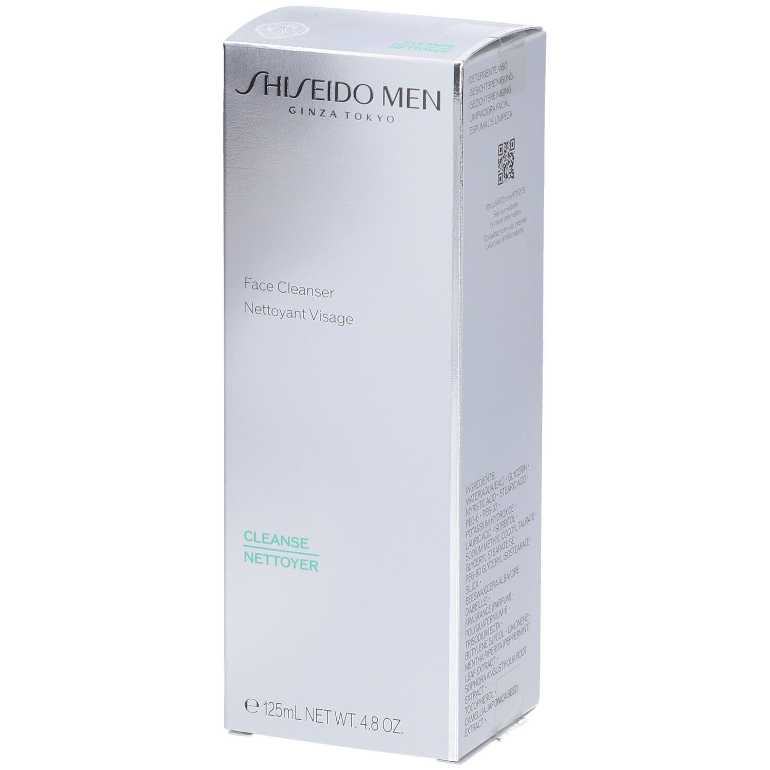 Scatola Shiseido Men Face Cleanser. Bianca, rettangolare, con nome e logo del prodotto. Accenti verdognoli.