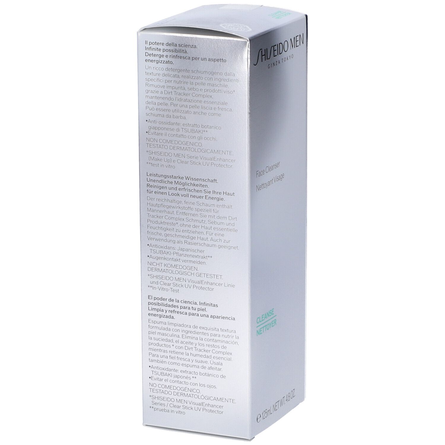 Retro della confezione Shiseido Men Face Cleanser. Testo multilingue. Bianco, rettangolare.