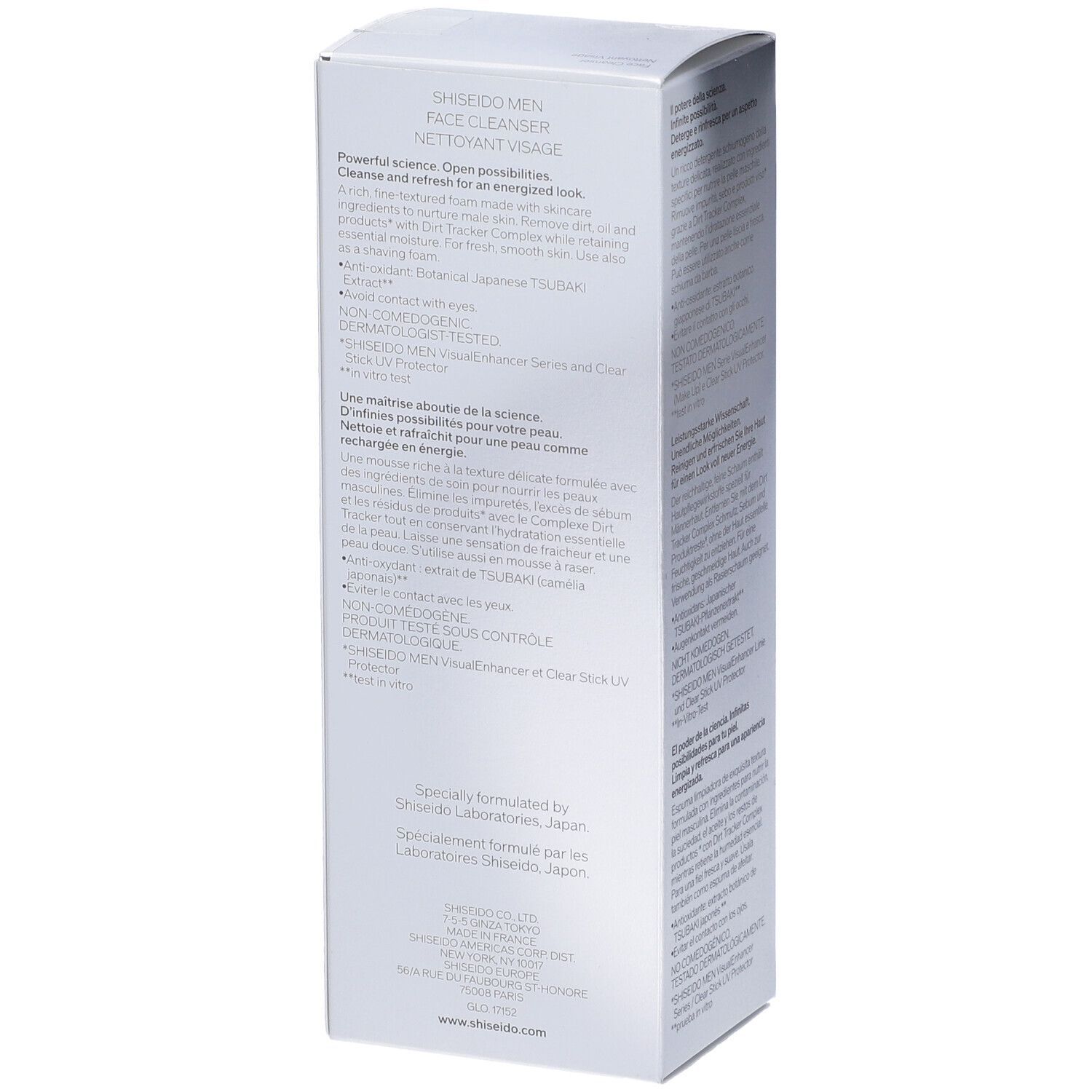 Lato della confezione Shiseido Men Face Cleanser. Testo multilingue. Bianco, rettangolare.
